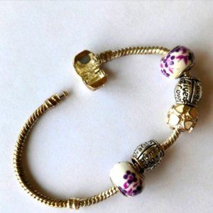 925 Pandora style bracelet with charms, 7” long